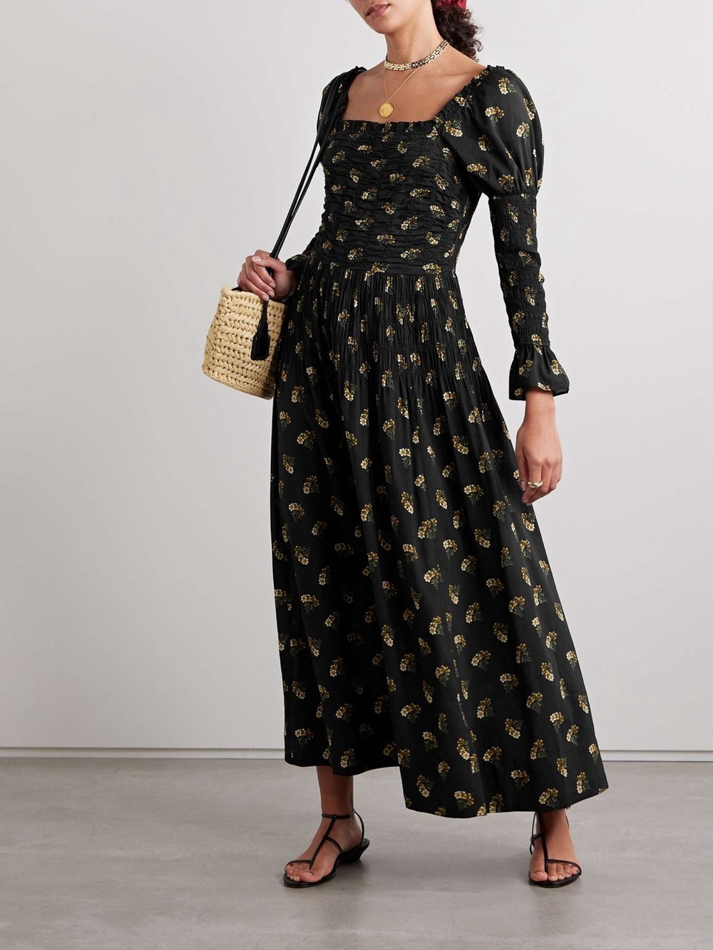 DÔEN Wilmina shirred floral-print cotton-blend maxi dress Size SMALL NEW w Tag